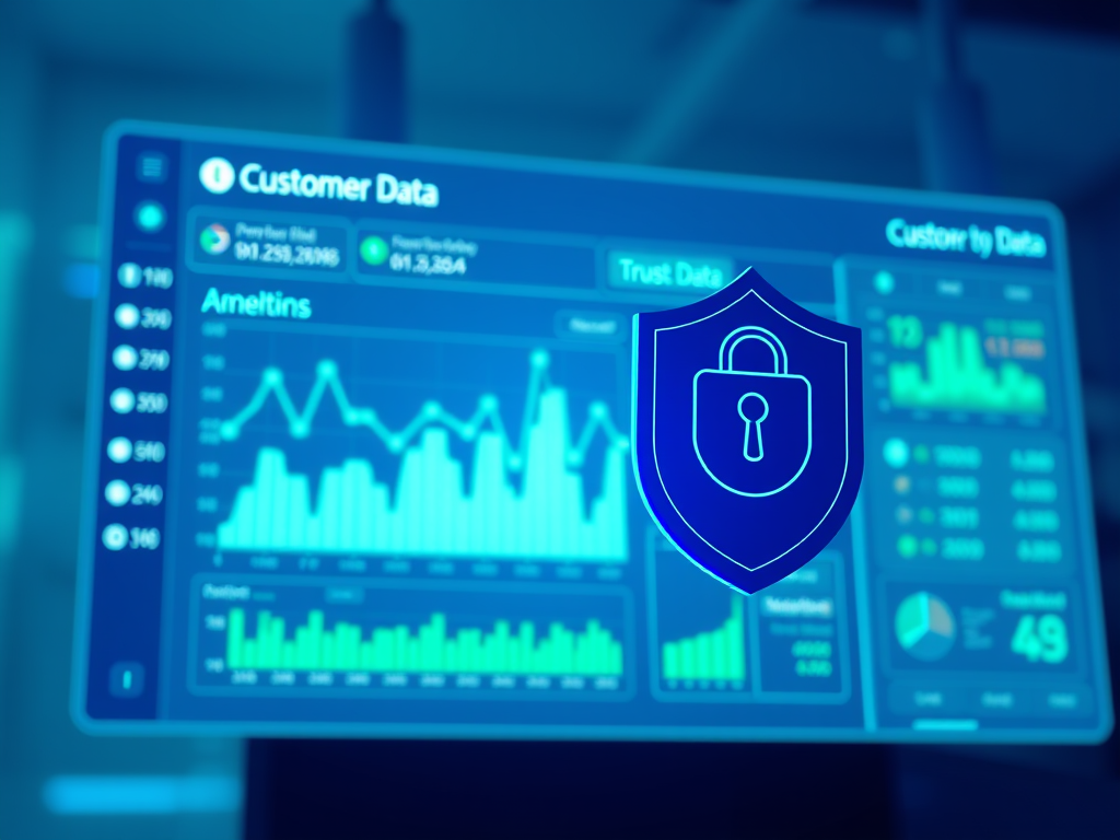 a featured image that visually represents the concept of "Customer Data Usage Policy." The image should focus on a digital dashboard displaying customer data analytics and privacy icons, symbolizing data protection. Use a bright, modern aesthetic with soft blue and green tones to convey trust and security. The lighting should be soft and even, emphasizing clarity and detail without harsh shadows. Ensure the image is high resolution and highly detailed, with sharp focus to capture the intricate elements of the dashboard and privacy symbols, reflecting professionalism and compliance in a digital landscape.