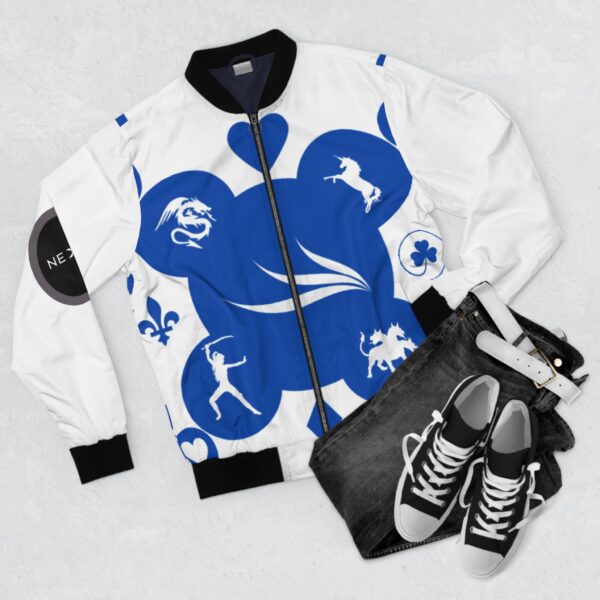 black shoes put on a blue and white Nexsweet jacket
